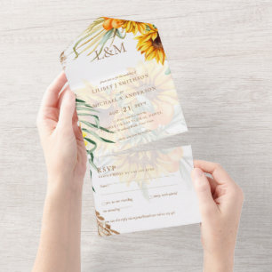 3in1 Monogram Sunflowers Pampas Grass Wedding RSVP All In One Invitation