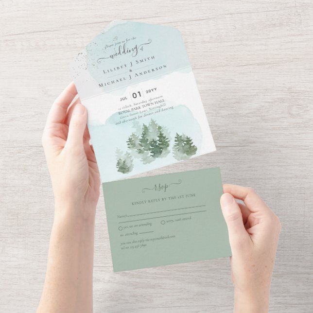 3in1 Mountain Forest Trees Wedding RSVP All In One Invitation (Tearaway)