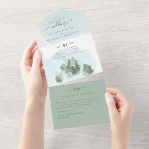 3in1 Mountain Forest Trees Wedding RSVP All In One Invitation