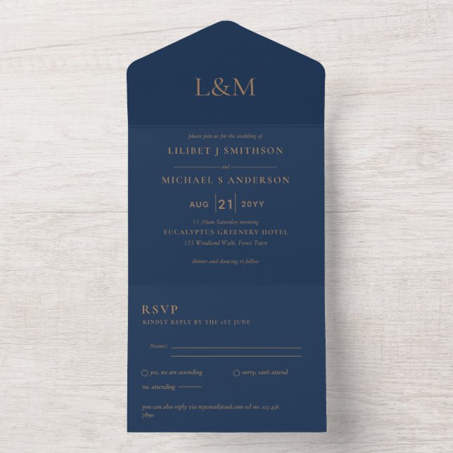 3in1 Navy Blue Gold Text Only Wedding Invite (Inside)