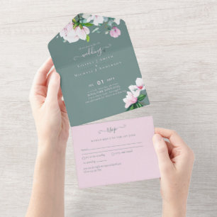 3in1 Pink Magnolias Sage Eucalyptus Wedding RSVP A All In One Invitation