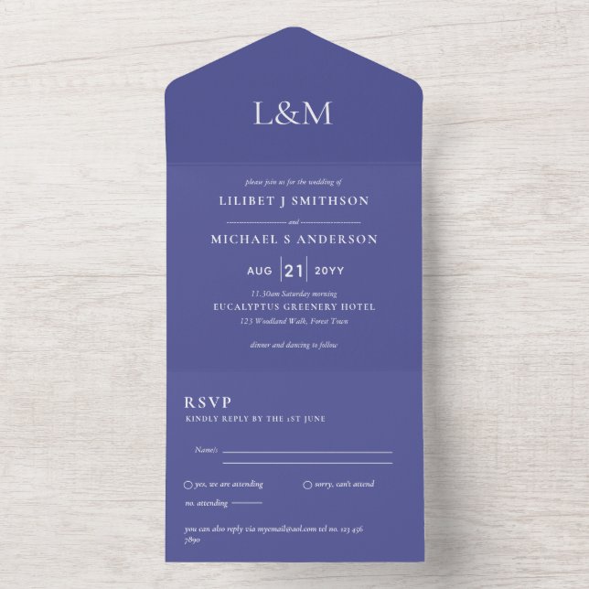 3in1 Purple Violet Text Only Wedding Invite RSVP (Inside)