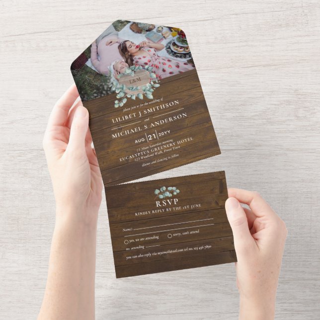3in1 Rustic Wood Heart Monogram Wedding RSVP All In One Invitation (Tearaway)