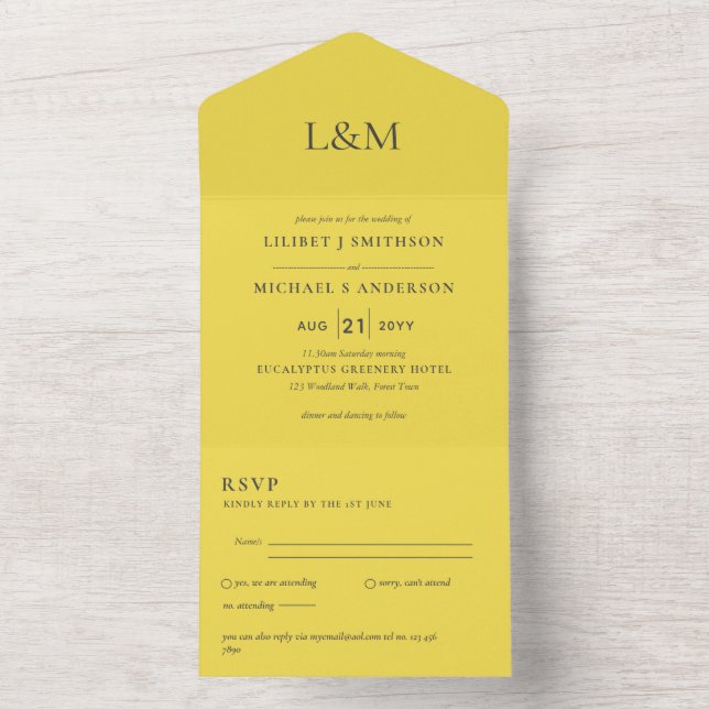 3in1 Sunny Yellow Text Only Wedding Invite RSVP (Inside)