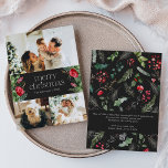 3Photo Dark Grey Botanical Foliage Merry Christmas Holiday Card<br><div class="desc">This collection features watercolor red florals,  berries & winter greenery with modern & elegant typography,  with a winter botanical pattern back.</div>