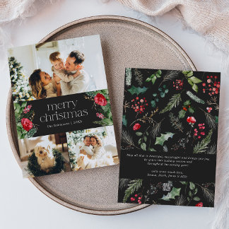 3Photo Dark Grey Botanical Foliage Merry Christmas Holiday Card