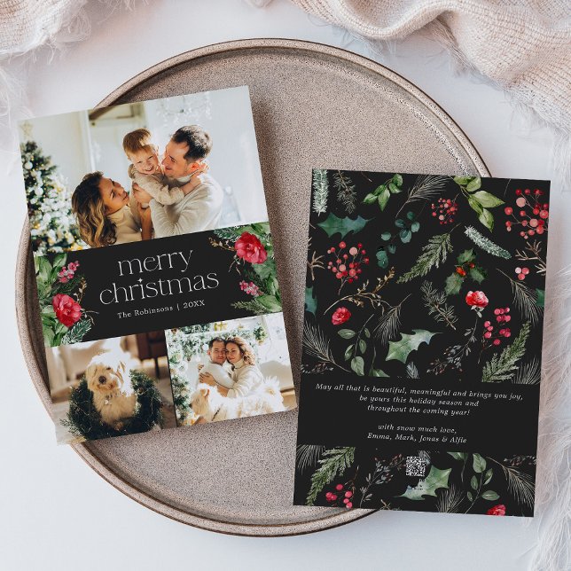 3Photo Dark Grey Botanical Foliage Merry Christmas Holiday Card (Creator Uploaded)