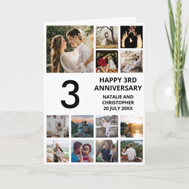 3rd Anniversary 13 Photo Collage Black and White Card (Front)