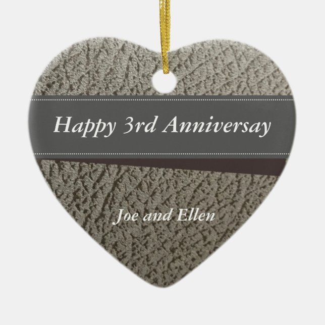 3rd Anniversary, Faux Leather Anniversary Heart Ceramic Ornament (Front)