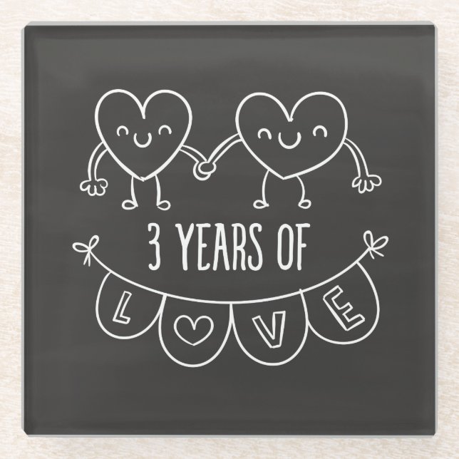 3rd Anniversary Gift Chalk Hearts Glass Coaster (Front)