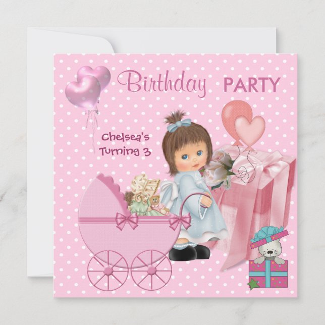 3rd Birthday 3 Party Cute Pink Hearts Girls Spots Invitation (Front)
