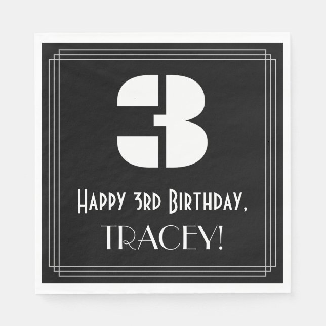 3rd Birthday: Art Deco Inspired Look "3" + Name Napkin (Front)
