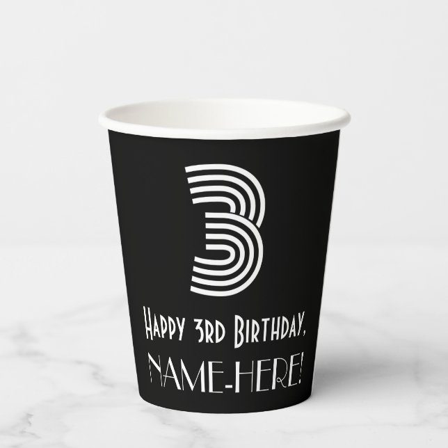 3rd Birthday — Art Deco Inspired Look “3” + Name Paper Cups (Back)
