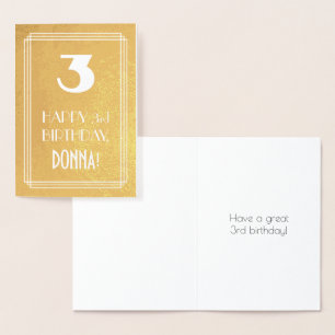 3rd Birthday ~ Art Deco Style "3" & Custom Name Foil Card