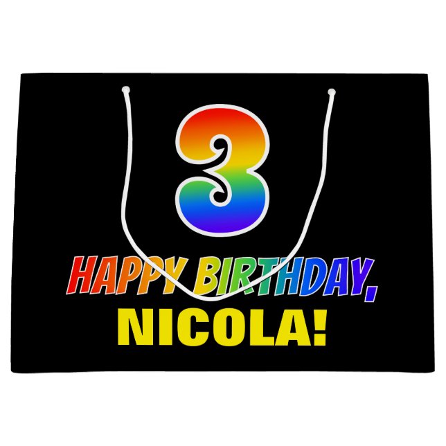 3rd Birthday: Bold, Fun, Simple, Rainbow 3 Large Gift Bag (Front)