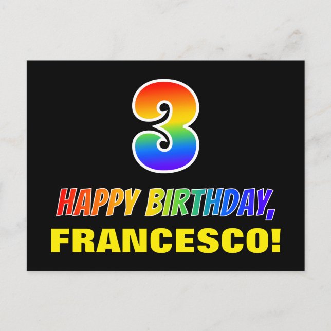 3rd Birthday: Bold, Fun, Simple, Rainbow 3 Postcard (Front)