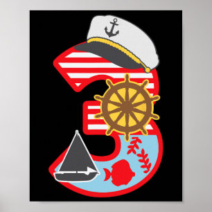 3rd Birthday Boy 3 Year Old Little Sailboat Nautic Poster