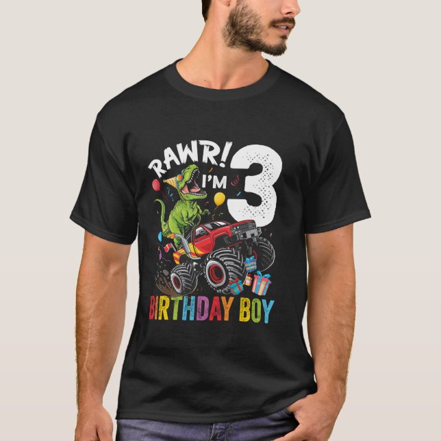 3rd Birthday Boy Dinosaur Monster Truck Long Sleev T-Shirt (Front)