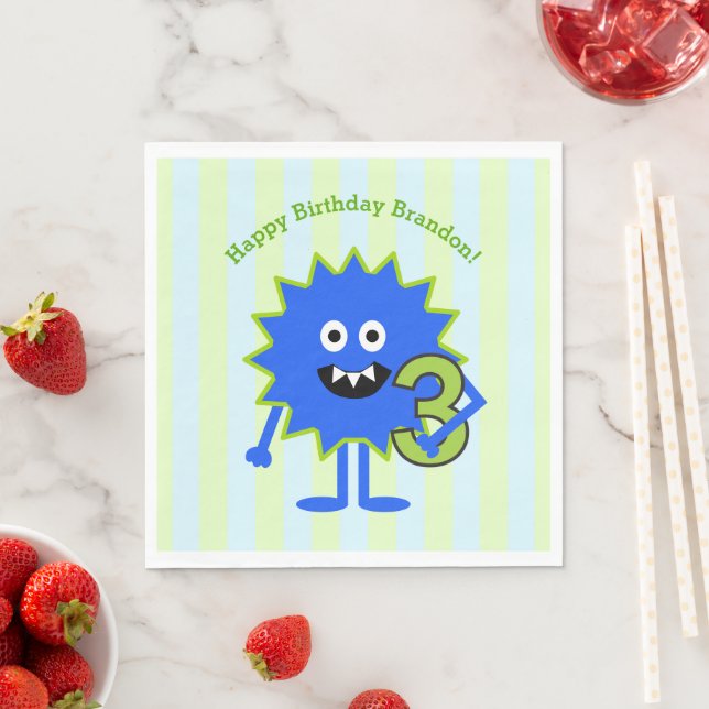 3rd Birthday Boy Little Monster Blue Green Cute  Napkin (Insitu)