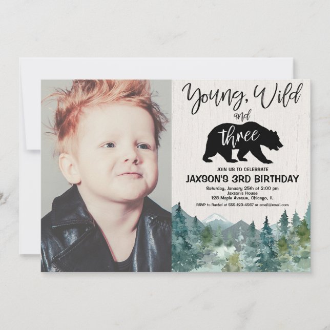 3rd birthday boy, young wild three rustic photo invitation (Front)
