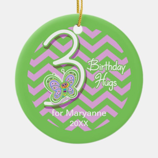 3rd Birthday Butterfly Hugs Custom Name Ceramic Ornament (Front)