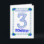 3rd Birthday Card for a Grandson<br><div class="desc">A birthday card for a Three-year-old grandson, with a fresh blue, green and white design made from a handpainted paper collage by Judy Adamson.</div>
