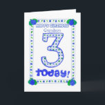 3rd Birthday Card for a Grandson<br><div class="desc">A birthday card for a Three-year-old grandson, with a fresh blue, green and white design made from a handpainted paper collage by Judy Adamson.</div>