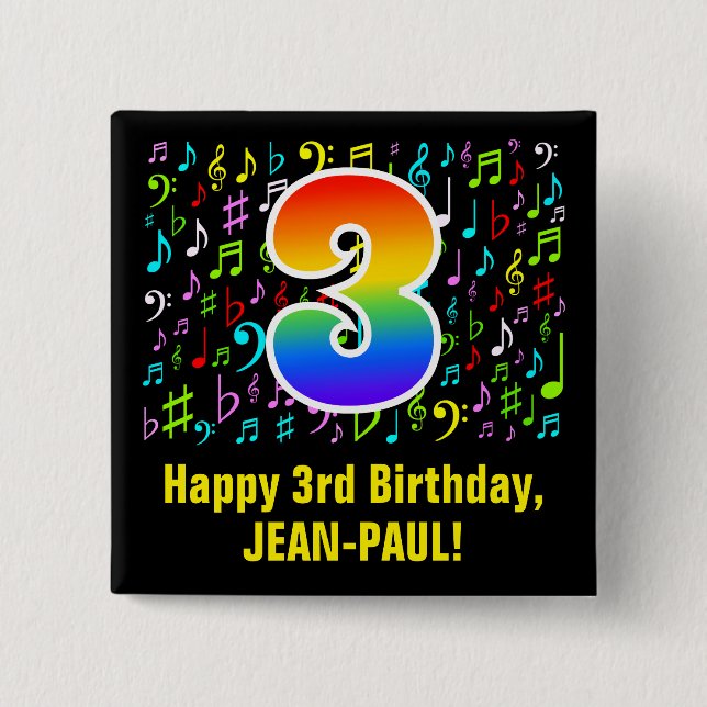 3rd Birthday: Colourful Music Symbols, Rainbow 3 2 Inch Square Button (Front)