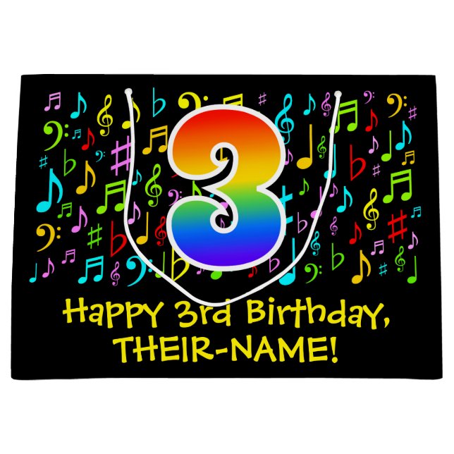 3rd Birthday - Colourful Music Symbols, Rainbow 3 Large Gift Bag (Front)