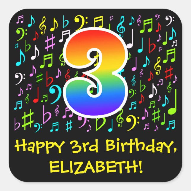 3rd Birthday: Colourful Music Symbols, Rainbow 3 Square Sticker (Front)