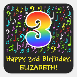 3rd Birthday: Colourful Music Symbols, Rainbow 3 Square Sticker