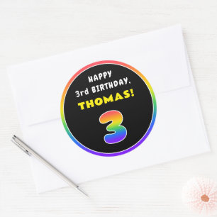 3rd Birthday: Colourful Rainbow # 3, Custom Name Classic Round Sticker