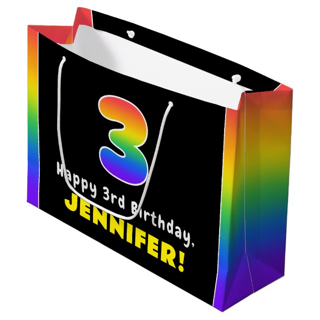 3rd Birthday: Colourful Rainbow # 3, Custom Name Large Gift Bag (Front Angled)