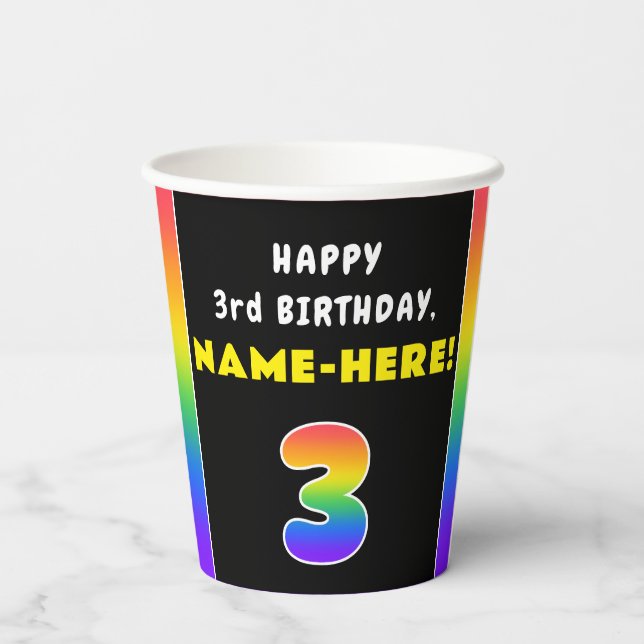 3rd Birthday: Colourful Rainbow # 3, Custom Name Paper Cups (Back)