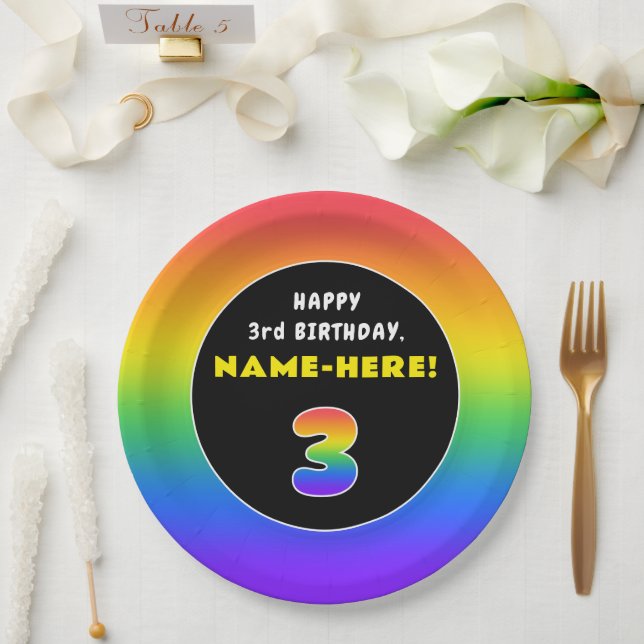 3rd Birthday: Colourful Rainbow # 3, Custom Name Paper Plate (Wedding)