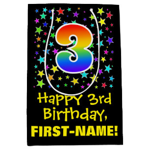 3rd Birthday: Colourful Stars Pattern & Rainbow 3 Medium Gift Bag