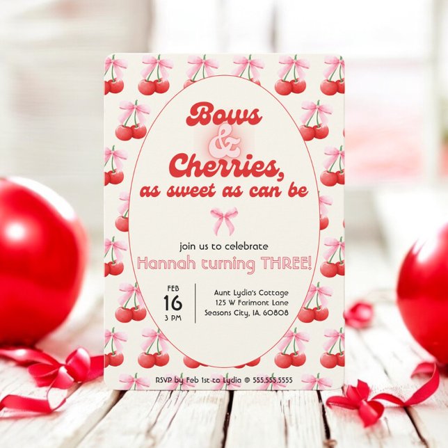 3rd Birthday Coquette Cherries Bows Bubble Letters Invitation (Creator Uploaded)