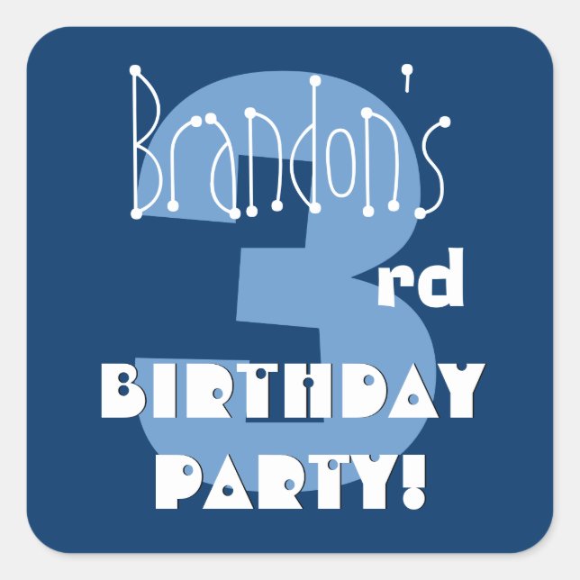 3rd Birthday Custom Name Navy and Baby Blue Square Sticker (Front)