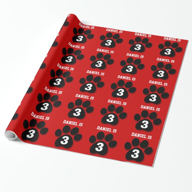 3rd Birthday Custom Name RED BLACK Paw Prints F05 Wrapping Paper (Unrolled)