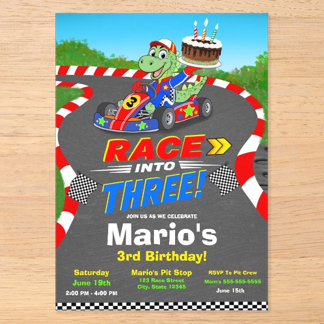 3rd Birthday Dinosaur Race Car Ready Set Invite Acrylic Invitations (Front)