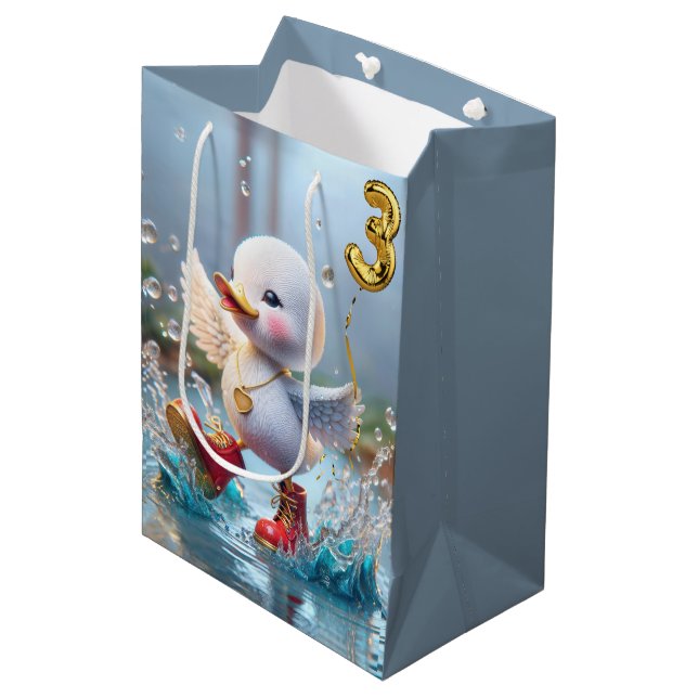 3rd Birthday Duck Dancing In a Rain Puddle Medium Gift Bag (Front Angled)
