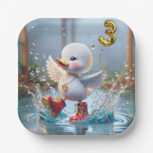 3rd Birthday Duck Dancing In a Rain Puddle Paper Plate