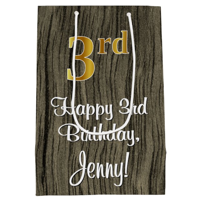 3rd Birthday: Elegant Faux Gold Look #, Faux Wood Medium Gift Bag (Back)