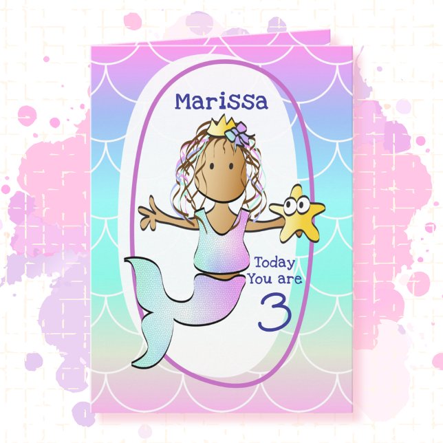 3rd Birthday Ethnic Mermaid Cartoon Adorable Cute  Card (Creator Uploaded)