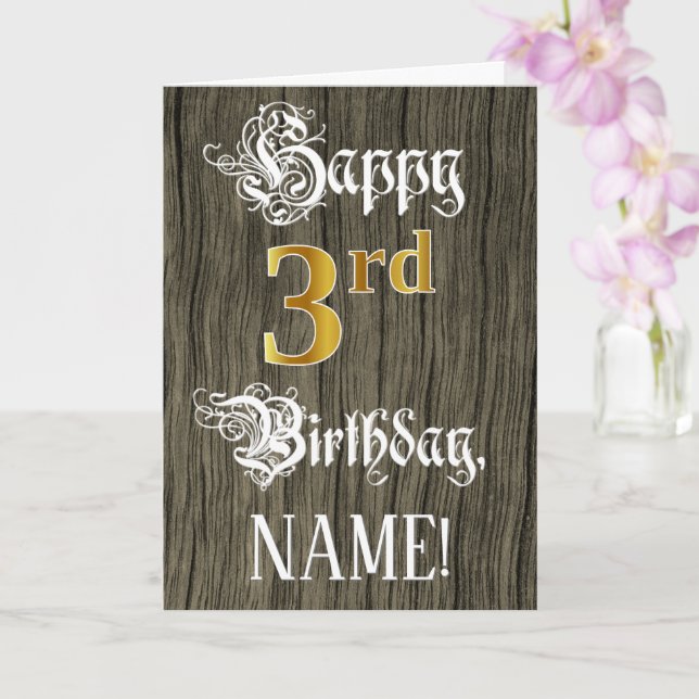 3rd Birthday: Faux Gold Look + Faux Wood Pattern Card (Orchid)