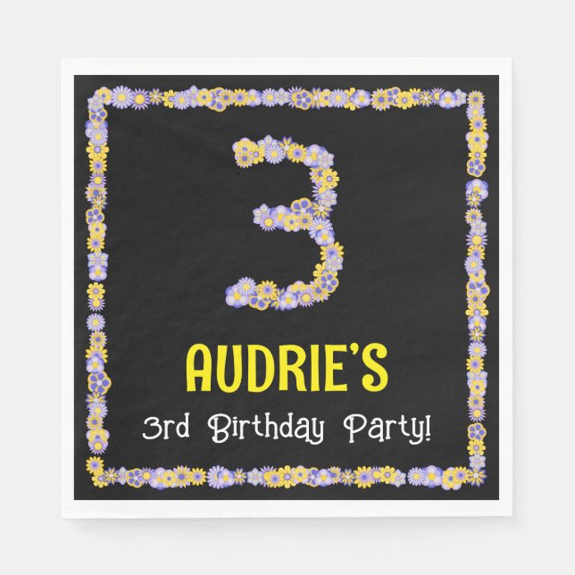 3rd Birthday: Floral Flowers Number, Custom Name Napkin (Front)