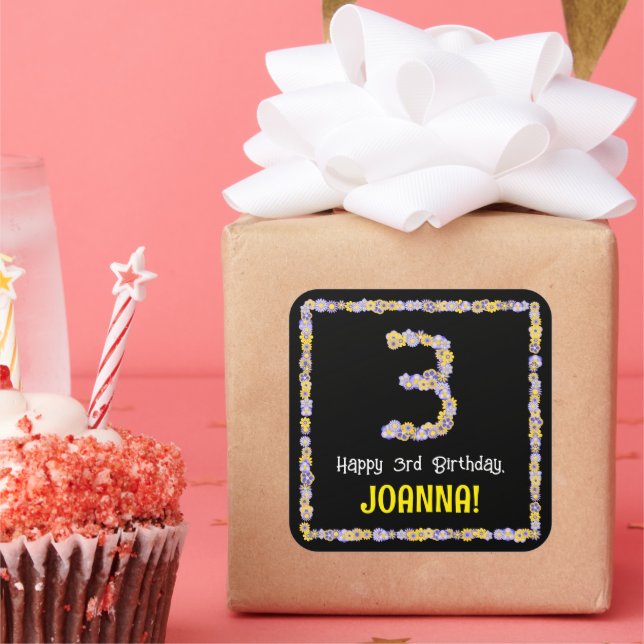3rd Birthday: Floral Flowers Number, Custom Name Square Sticker (Party)