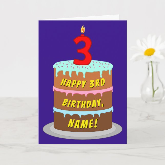 3rd Birthday: Fun Cake and Candle + Custom Name Card (Small Plant)
