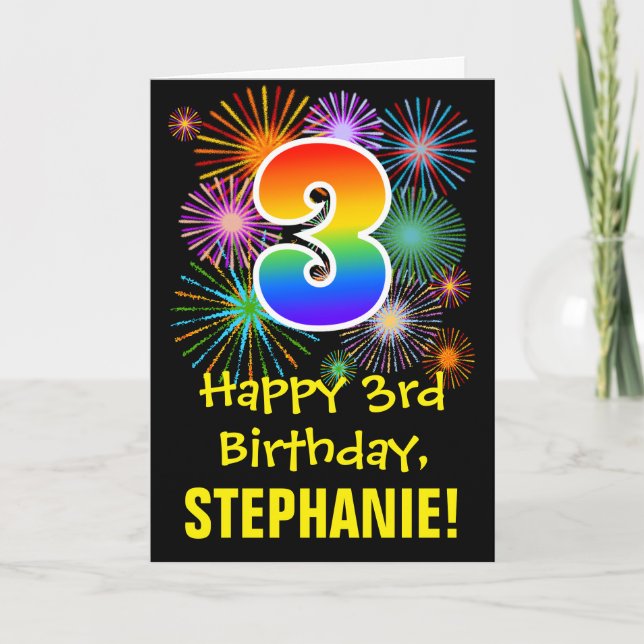 3rd Birthday: Fun Fireworks Pattern + Rainbow 3 Card (Front)