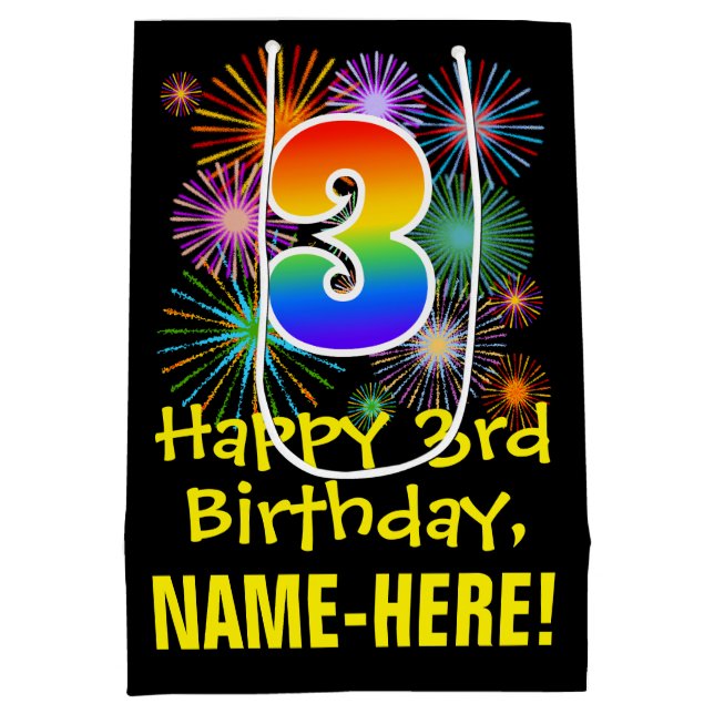 3rd Birthday: Fun Fireworks Pattern + Rainbow 3 Medium Gift Bag (Back)